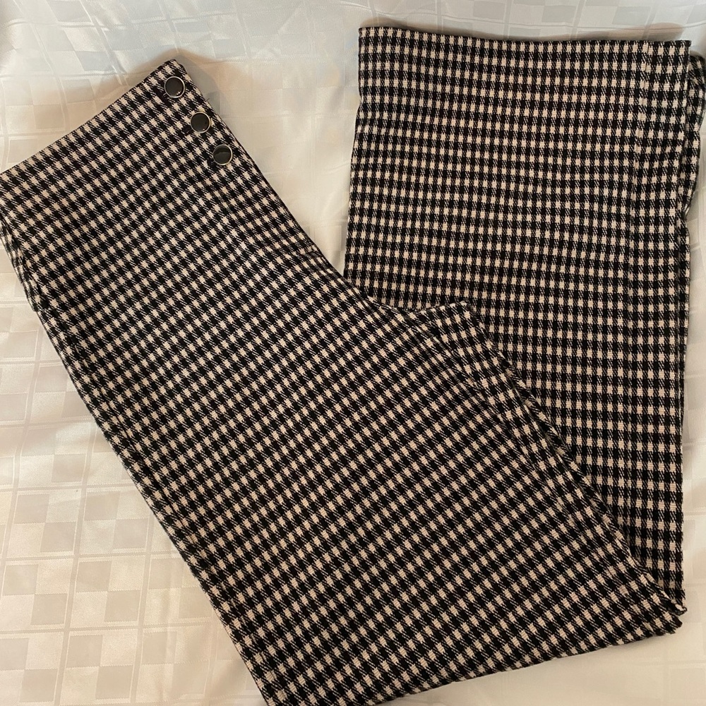 Ann Taylor Houndstooth High Waist Black Tan Wide Leg Pants, size 4